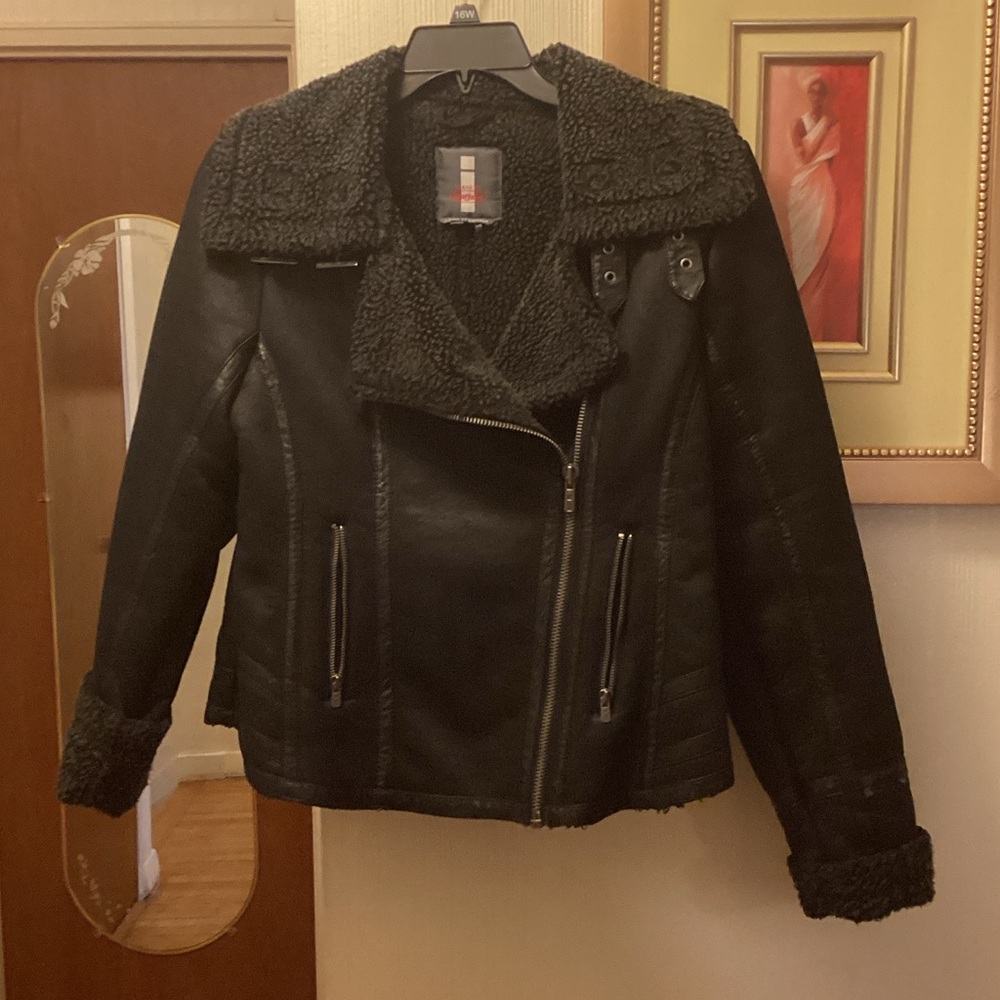 I Jeans by Buffalo Black Shearling Faux Leather Jacket SZ L  $17